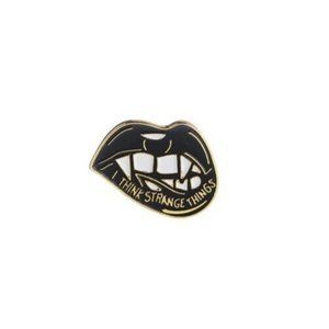 5/$20 I Think Strange Things Black Vampire Teeth & Lips Lapel Pin